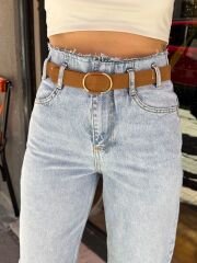 BELİ KESİK DETAYLI TABA KEMERLİ JEAN PANTOLON