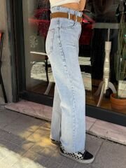 BELİ KESİK DETAYLI TABA KEMERLİ JEAN PANTOLON