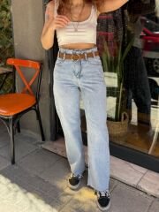 BELİ KESİK DETAYLI TABA KEMERLİ JEAN PANTOLON