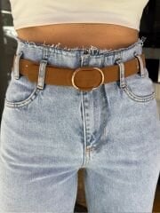BELİ KESİK DETAYLI TABA KEMERLİ JEAN PANTOLON