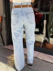 BELİ KESİK DETAYLI TABA KEMERLİ JEAN PANTOLON
