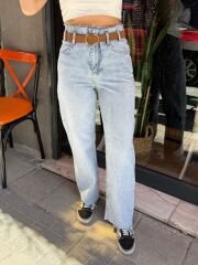 BELİ KESİK DETAYLI TABA KEMERLİ JEAN PANTOLON