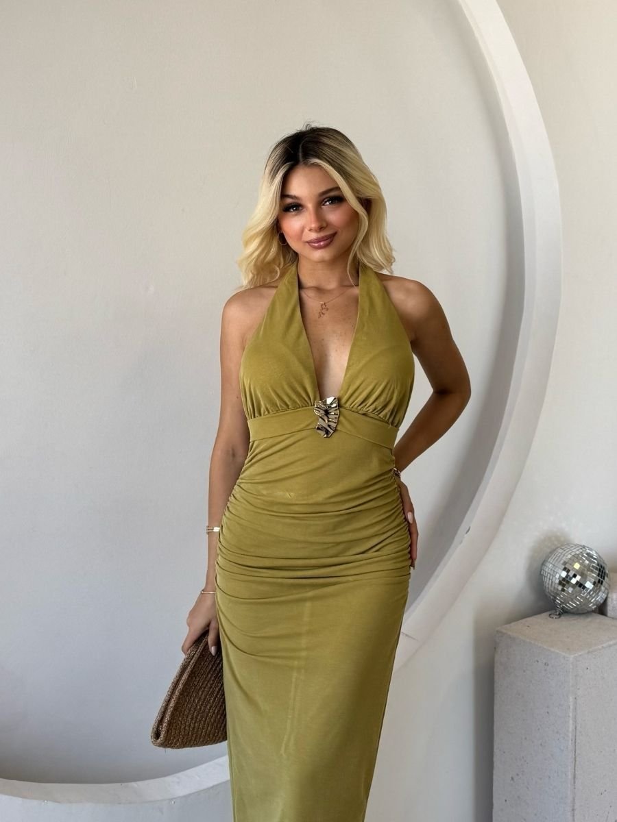 YAĞ YEŞİLİ DEKOLTELİ ELBİSE