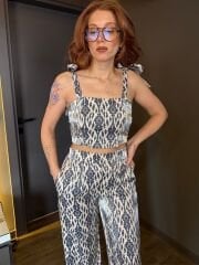 PARILTILI SATEN CROP-PANTOLON TAKIM