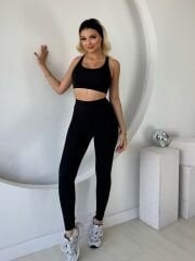 V BEL DETAYLI SİYAH RENK YÜKSEK BEL FİT SPOR TAYT