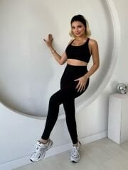 V BEL DETAYLI SİYAH RENK YÜKSEK BEL FİT SPOR TAYT