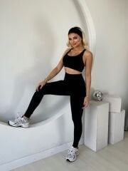 V BEL DETAYLI SİYAH RENK YÜKSEK BEL FİT SPOR TAYT