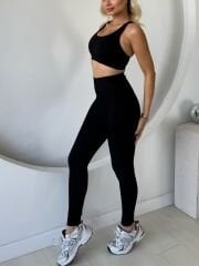 V BEL DETAYLI SİYAH RENK YÜKSEK BEL FİT SPOR TAYT