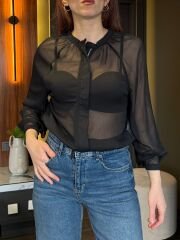 FERMUARLI TRANSPARAN TÜL BOMBER GÖMLEK