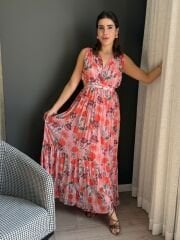 PENCERE DETAYLI ÇİÇEKLİ ŞİFON ELBİSE