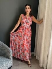 PENCERE DETAYLI ÇİÇEKLİ ŞİFON ELBİSE