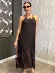 BONCUKLU HALTER YAKA ŞIFON ELBISE