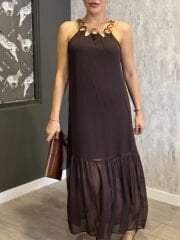 BONCUKLU HALTER YAKA ŞIFON ELBISE