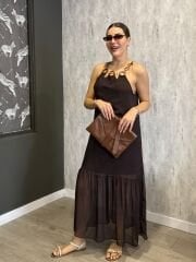 BONCUKLU HALTER YAKA ŞIFON ELBISE