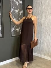 BONCUKLU HALTER YAKA ŞIFON ELBISE