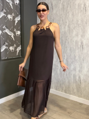 BONCUKLU HALTER YAKA ŞIFON ELBISE