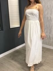 KETEN MİDİ BONCUKLU ASKILI ELBİSE